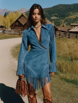 Western-style Blue Faux Suede Patchwork Mini Dress With Fringe Details.