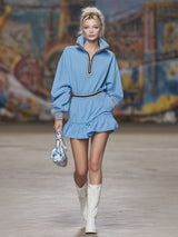 Loose-fitting Stand-collar Double-pocket Ruffled Long-sleeved Mini Dress