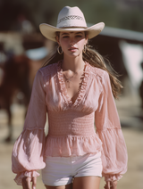 Western-style Pink Chiffon V-neckWith Ruffled Trim And Elasticated WaistTop