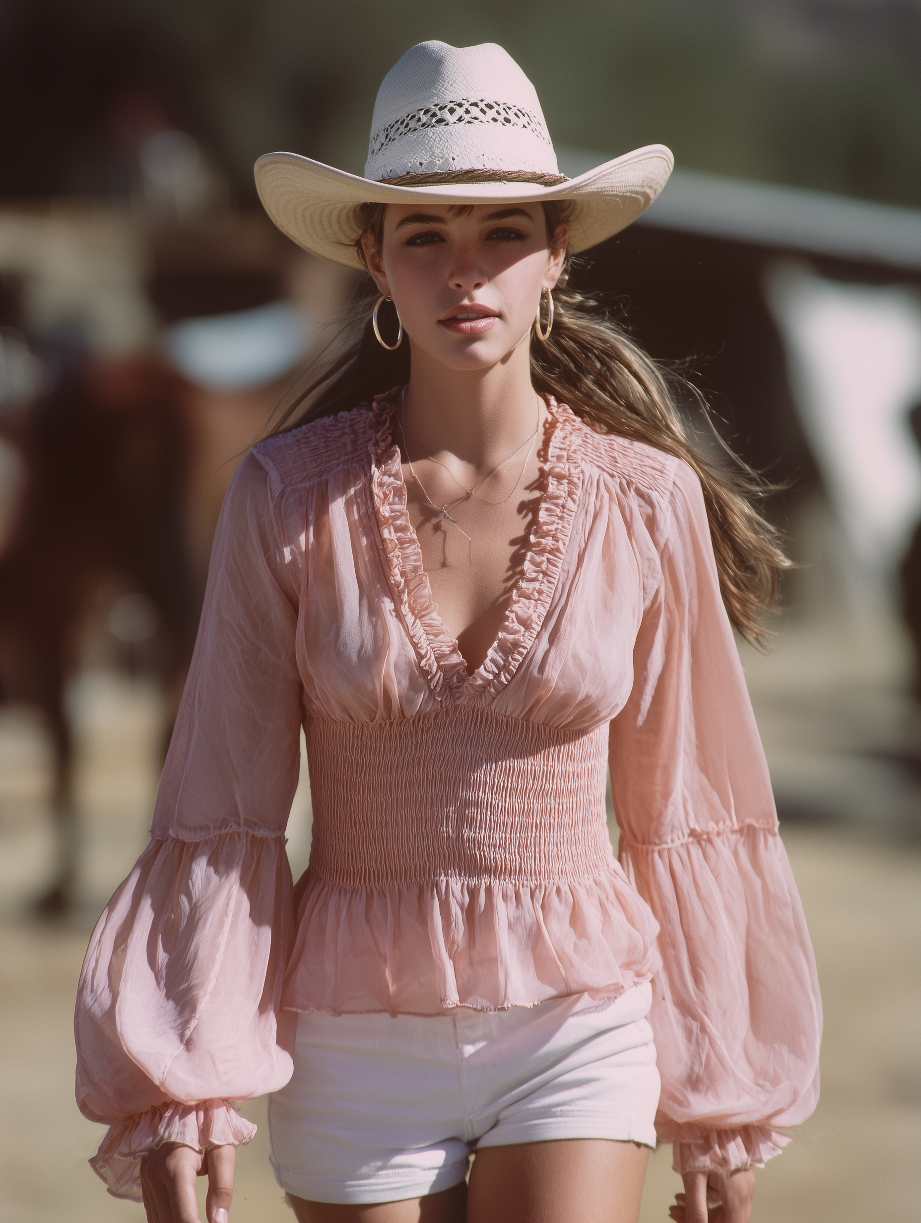 Western-style Pink Chiffon V-neckWith Ruffled Trim And Elasticated WaistTop