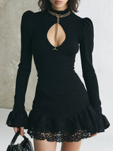 Elegant Knitted Mini Dress With A Cutout Neckline And Lace Detailing