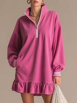 Sporty Retro Pink Cotton Half-Zip Ruffle Sweatshirt Mini Dress
