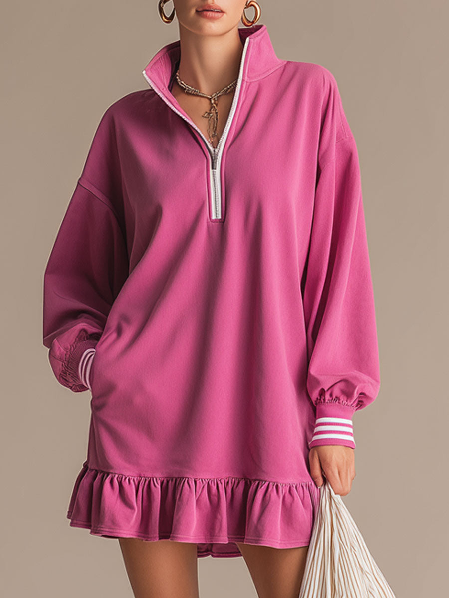 Sporty Retro Pink Cotton Half-Zip Ruffle Sweatshirt Mini Dress