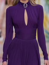 Elegant Purple Chiffon Dress With Rhinestone Button Neckline Maxi Dress