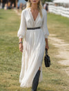 Western-style White Cotton And Linen Blend With Lace Inserts And A Side Slit Maxi Dress