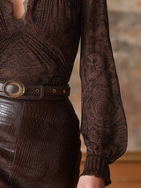 Elegant V-neck Lace Print Mocha Brown Long-sleeved Shirt