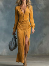 V-neck Button-down Ruched Split Hem Faux Suede Long-sleeved Midi Dress