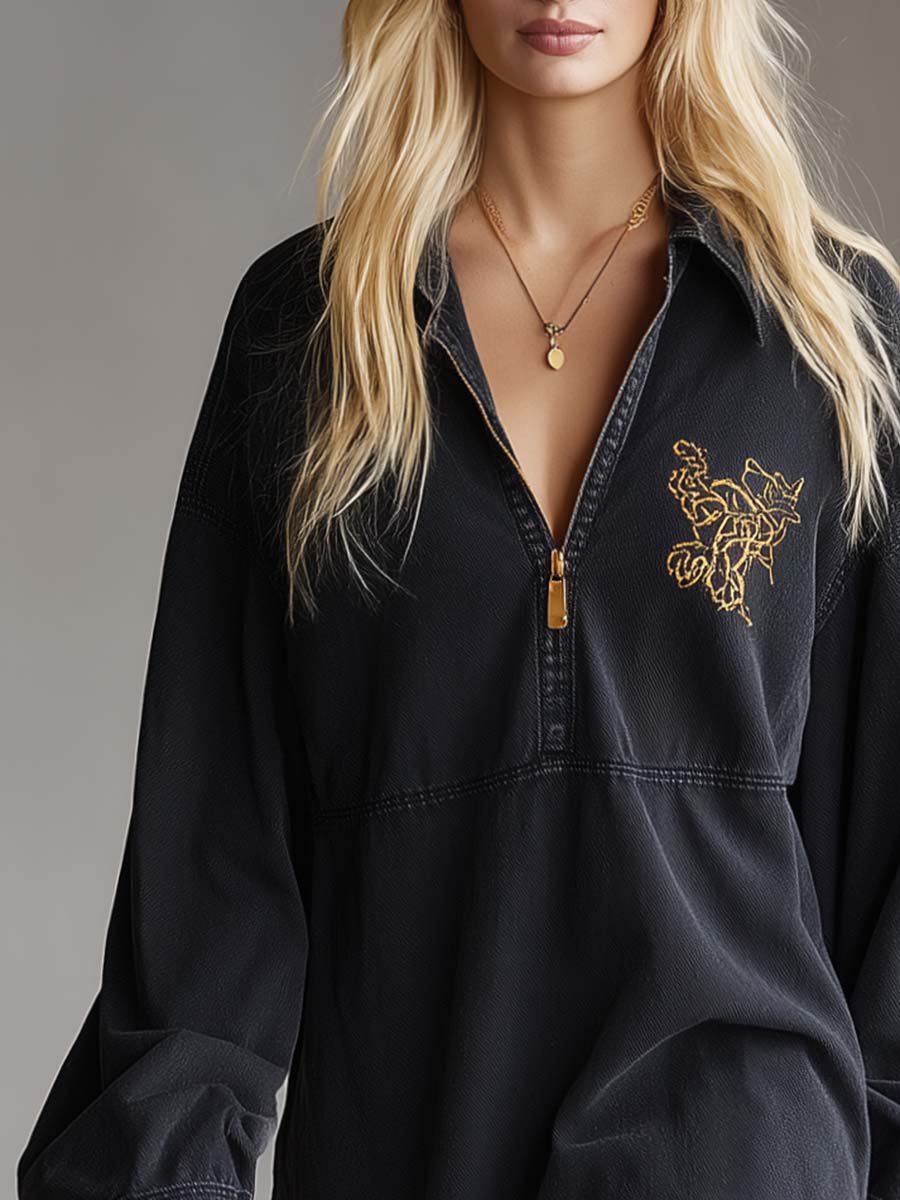 Casual Fashion Lapel Front Zipper Black Denim Mini Dress