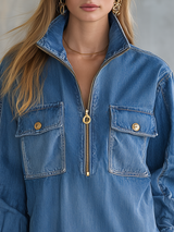 Retro Zippered Stand-up Collar Chest Pocket Denim Mini Dress