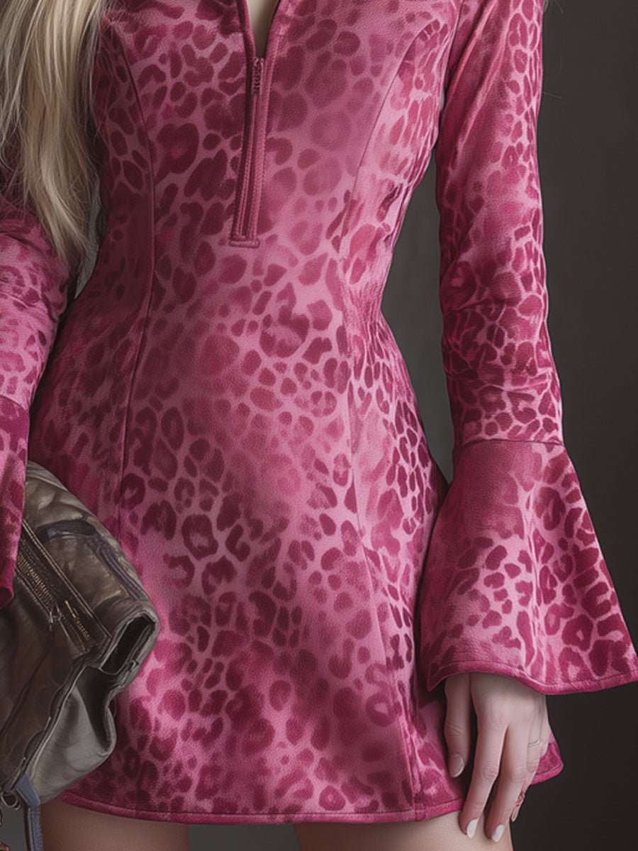 Leopard Print Faux Suede Stand-collar Zip-up Flared Long-sleeved Mini Dress