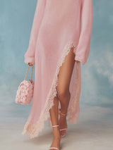 Retro Comfortable Lazy Round Neck Slit Detail Lace Trim Light Pink Lightweight Knitted Maxi Dress