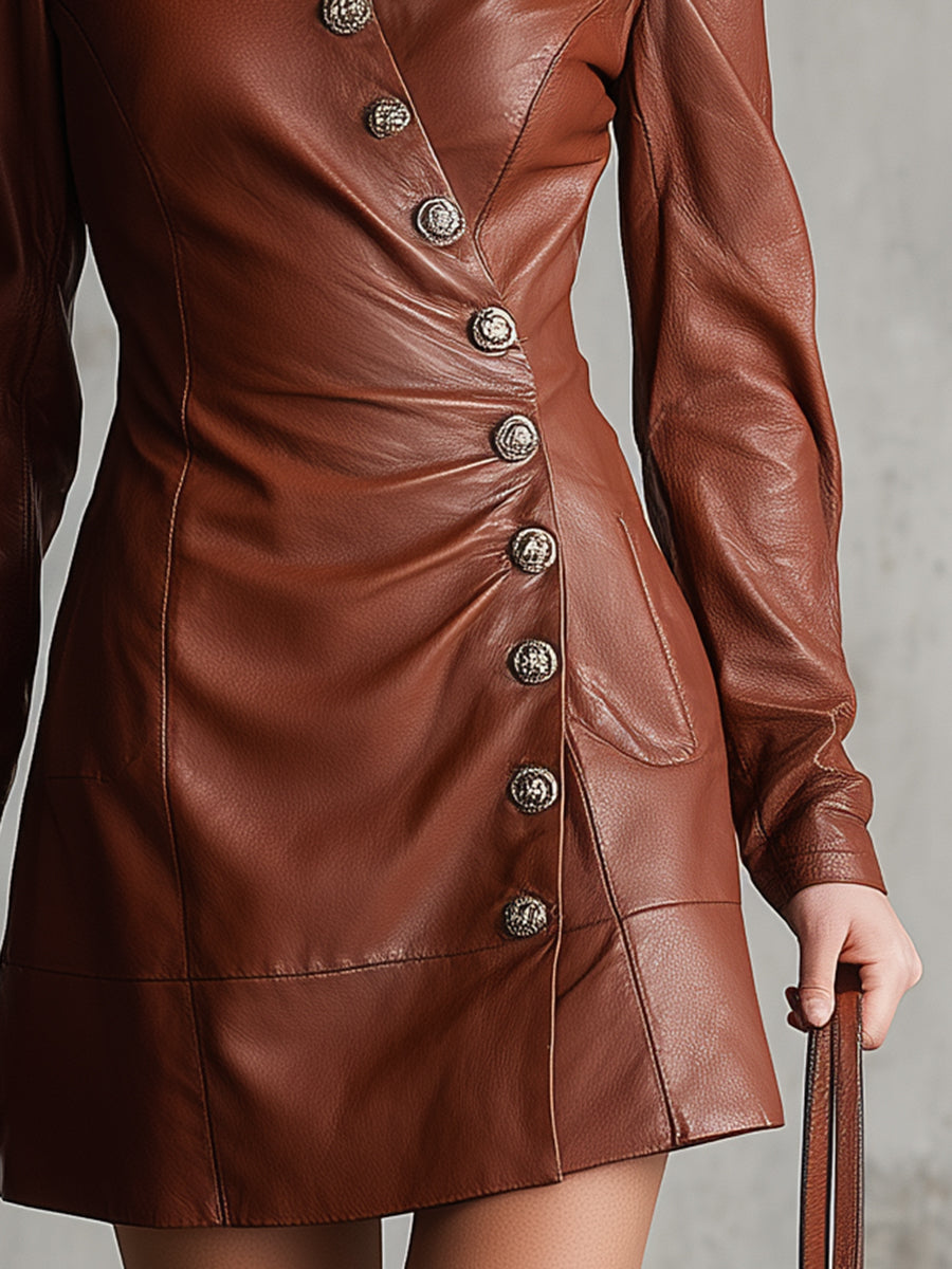 Elegant Brown Faux Leather Mini Dress With Button Closure.