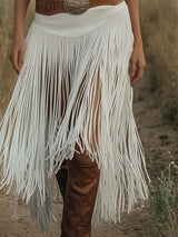 【24-hour shipping out】Retro Premium Western Style Brown Belt White Suede Tassel Skirt