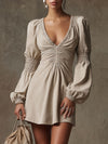 Western Retro Beige Faux Suede Long-Sleeved Pleated Mini Dress