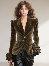 Solid Color Lapel Ruffled Single-breasted Velvet Blazer