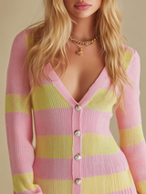 Sweet And Fresh Striped V-neck Ruffled Knit Mini Dress