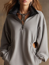 Casual Sporty Black PU Collar Gray Hollowed-out Long-sleeved Mini Dress