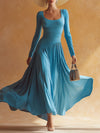 Retro Casual Blue Cotton Patchwork Chiffon Maxi Dress