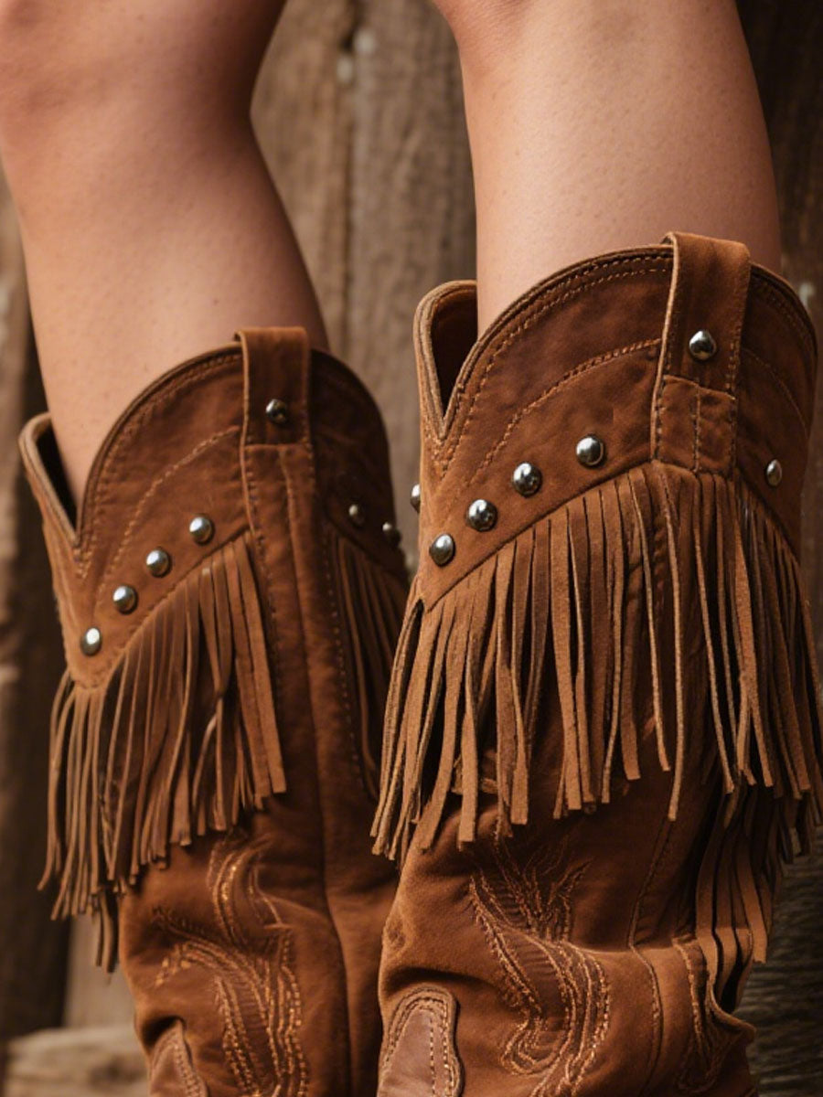 Women's Western Embroidered Tassel Faux Suede Cowboy Boots