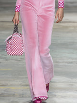 Stylish Pink Corduroy Patchwork Plaid Top And Long Pants Set
