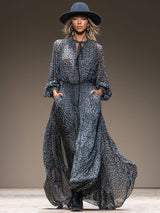 Retro Leopard Print Blue Chiffon V-neck Tie-waist Long Sleeve Maxi Dress