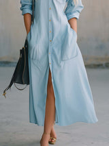 Vintage Casual Fashion Front Button Light Blue Washed Denim Shirt-style Midi Dress
