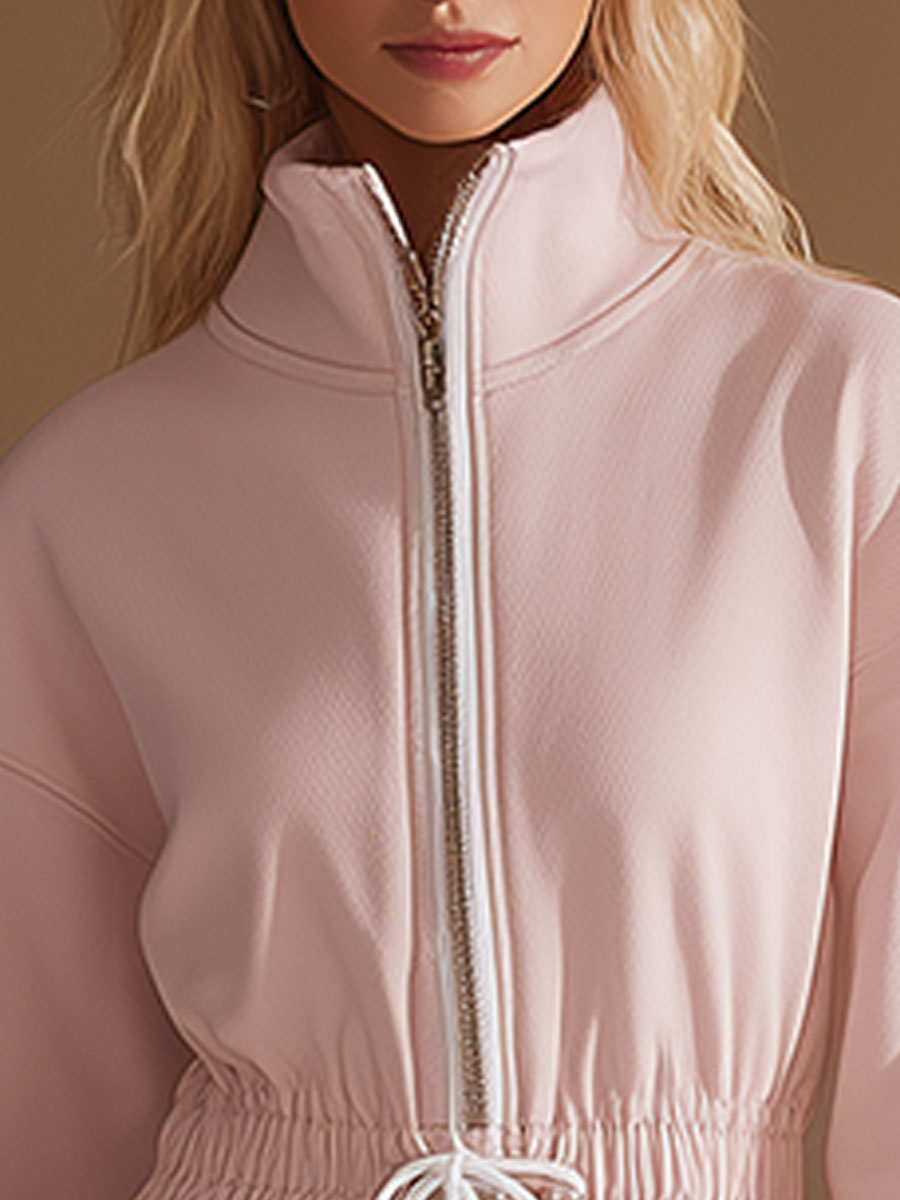 Sporty Retro-style White Lace And Pink Long-sleeved Mini Dress