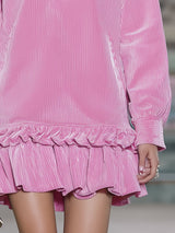 Western Pink Corduroy Zip-up Ruffle Mini Dress