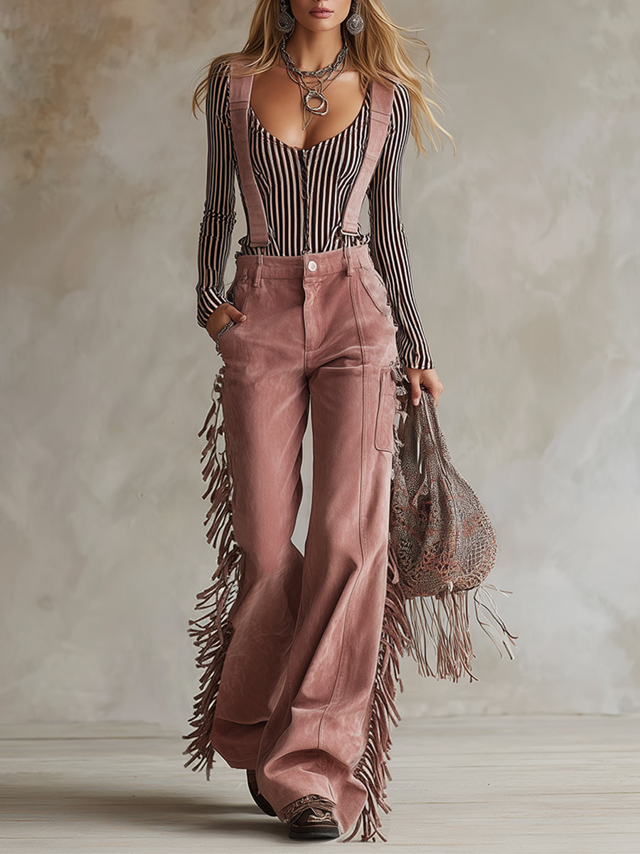 Retro Western Style Detachable Straps Light Pink Faux Suede Overalls