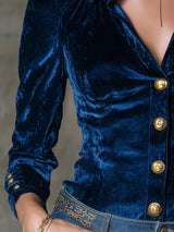 Elegant Blue Velvet Long-sleevedWith Gold Buttons Shirt