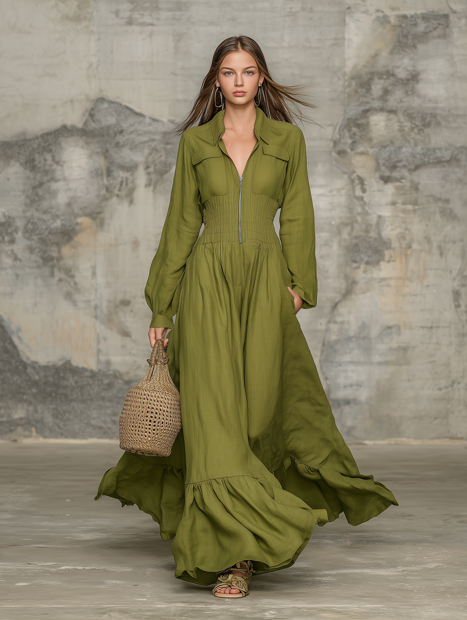 Olive Linen Zip-Front Maxi Dress