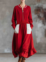 Loose-fitting Sporty Style Double-pocket Zip-up Long-sleeved Midi Dress