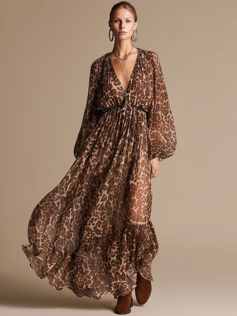 Vacation Retro V-neck Leopard Print Brown Chiffon Long Sleeve Maxi Dress
