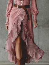 Western-style Ruffled Hem And Floral Print Pink Faux Suede Maxi Dress