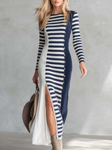 Elegant Retro Exquisite Round Neck Navy And White Contrast Striped Stretch Cotton Slit Midi Dress