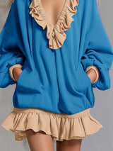 Sporty Color-blocked Ruffled V-neck Long-sleeved Mini Dress