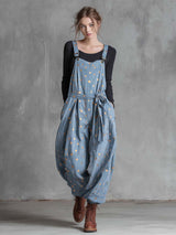 Vintage Fashion Waist TieGold Polka Dots Light Blue Denim Jumpsuit Overalls