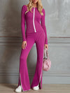 Color-blocked Crew Neck Zip-up Long-sleeved Top And Matching Ribbed Sweatpants Set
