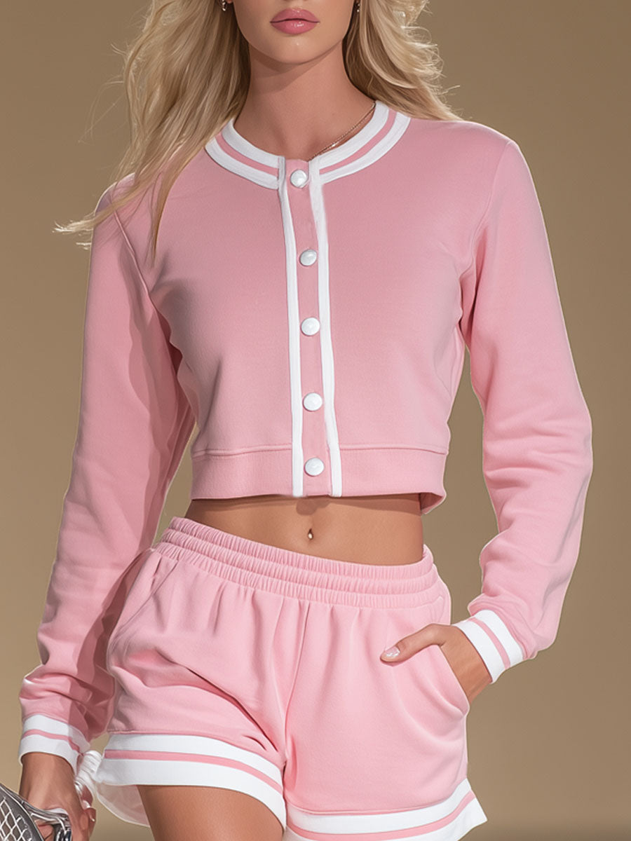 Casual Round-neck Button-up Short Jacket And Shorts Set