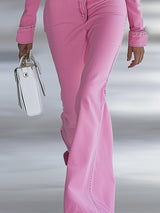 Fashionable Personalized Lapel Pink Denim Off-the-shoulder Long-sleeved Flared Jumpsuit