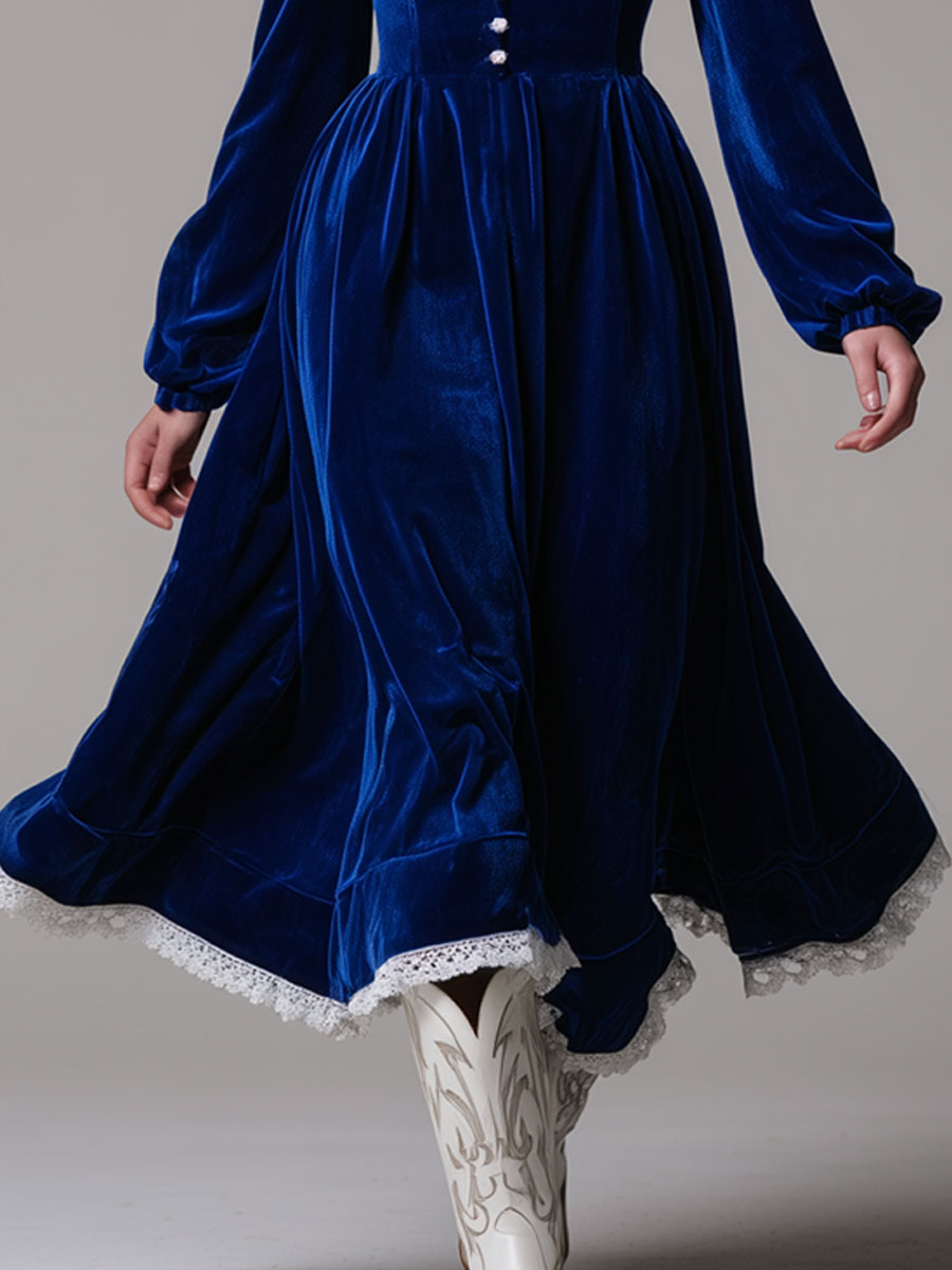 Fashionable Retro Lace-trimmed Royal Blue Velvet Long-sleeved Midi Dress