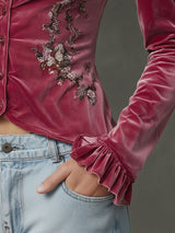 Fashionable Retro Floral Embroidered Rose Red Velvet Ruffled Long-sleeved Shirt