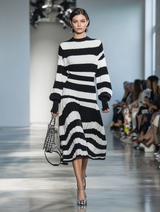 Fashionable Black And White Striped Long-sleeved Midi Dress