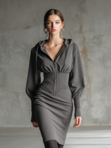 Stylish Gray Hooded Sweatshirt With Zippered Waist And Elasticated Hem Paired With A Midi Dress