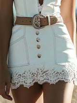 【24-hour shipping out】Retro Design White Belt Lace Trim Mini Dress