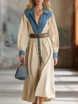 Western-style Beige Cotton Patchwork Denim Maxi Dress