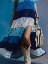 Retro Fashion Loose Round-neck Short-sleeved Blue And White Striped Contrast Knit Slits Maxi Dress