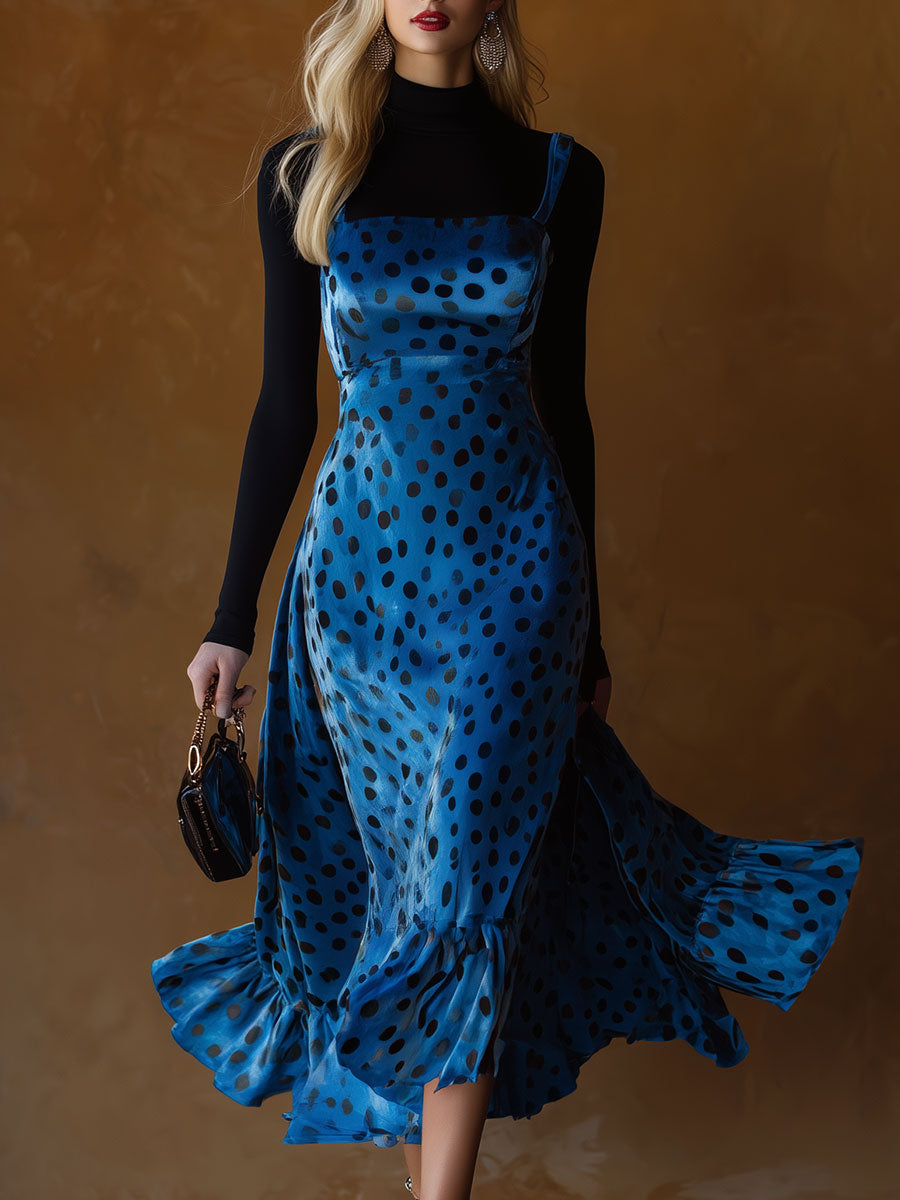 Stylish Retro Black Polka Dot And Blue Velvet Strappy Midi Dress