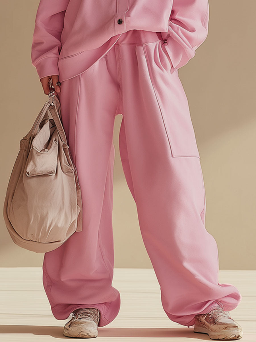 Loose-fitting Hooded Single-breasted Off-the-shoulder Jacket And Trousers Casual Set