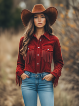 Outdoor Western Cowboy Red Suede Lapel Tassel Long Sleeve Shirt